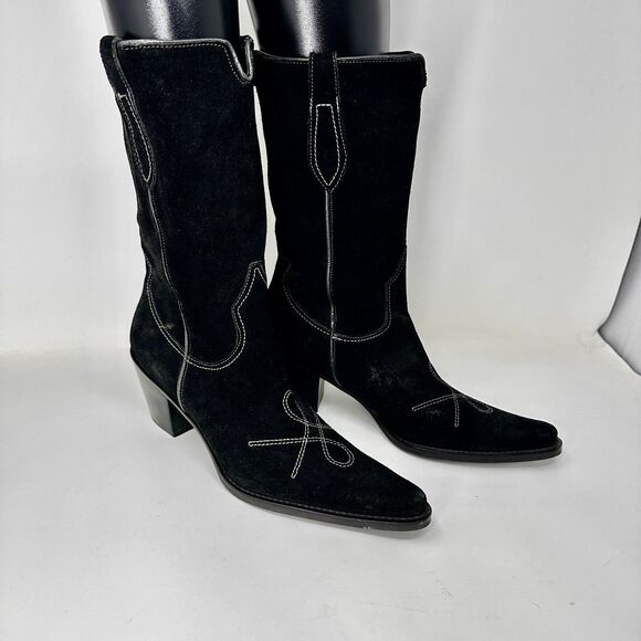 franco sarto Black Suede Riding Boots Leather Mid 8.5 Floor Display Old Money - Picture 3 of 9